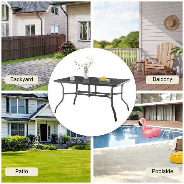 Outdoor Patio Dining Table for 6 – Steel Tabletop with Umbrella Hole & Grooved Surface