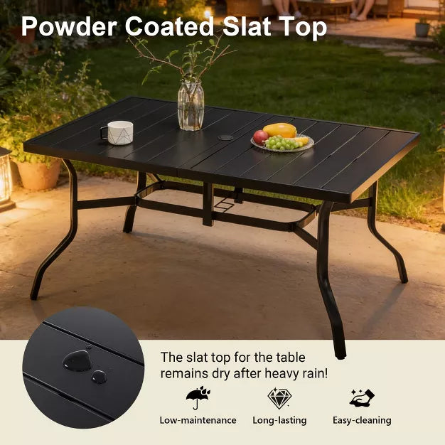 Outdoor Patio Dining Table for 6 – Steel Tabletop with Umbrella Hole & Grooved Surface