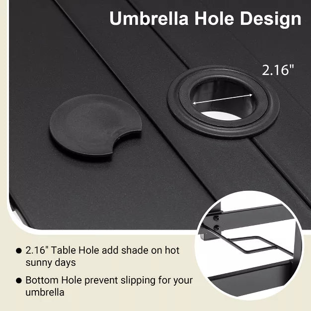 Outdoor Patio Dining Table for 6 – Steel Tabletop with Umbrella Hole & Grooved Surface
