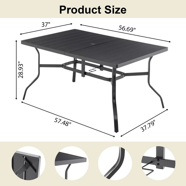 Outdoor Patio Dining Table for 6 – Steel Tabletop with Umbrella Hole & Grooved Surface