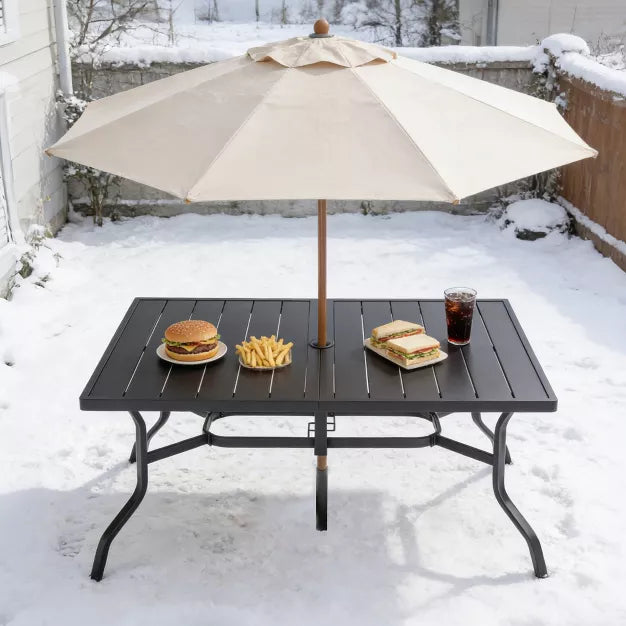 Outdoor Patio Dining Table for 6 – Steel Tabletop with Umbrella Hole & Grooved Surface