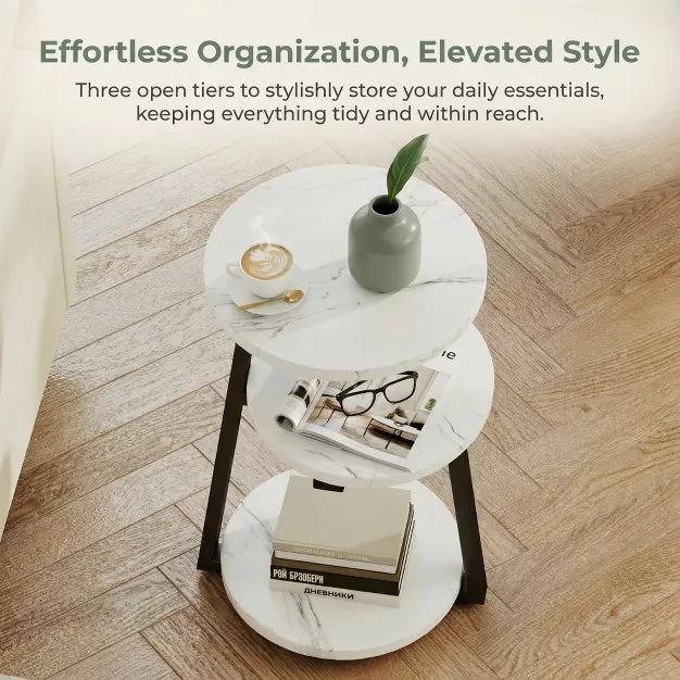 3-Tier Round Side Table with Storage for Bedroom, Living Room & Small Spaces