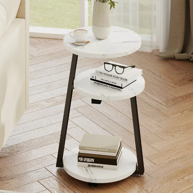 3-Tier Round Side Table with Storage for Bedroom, Living Room & Small Spaces