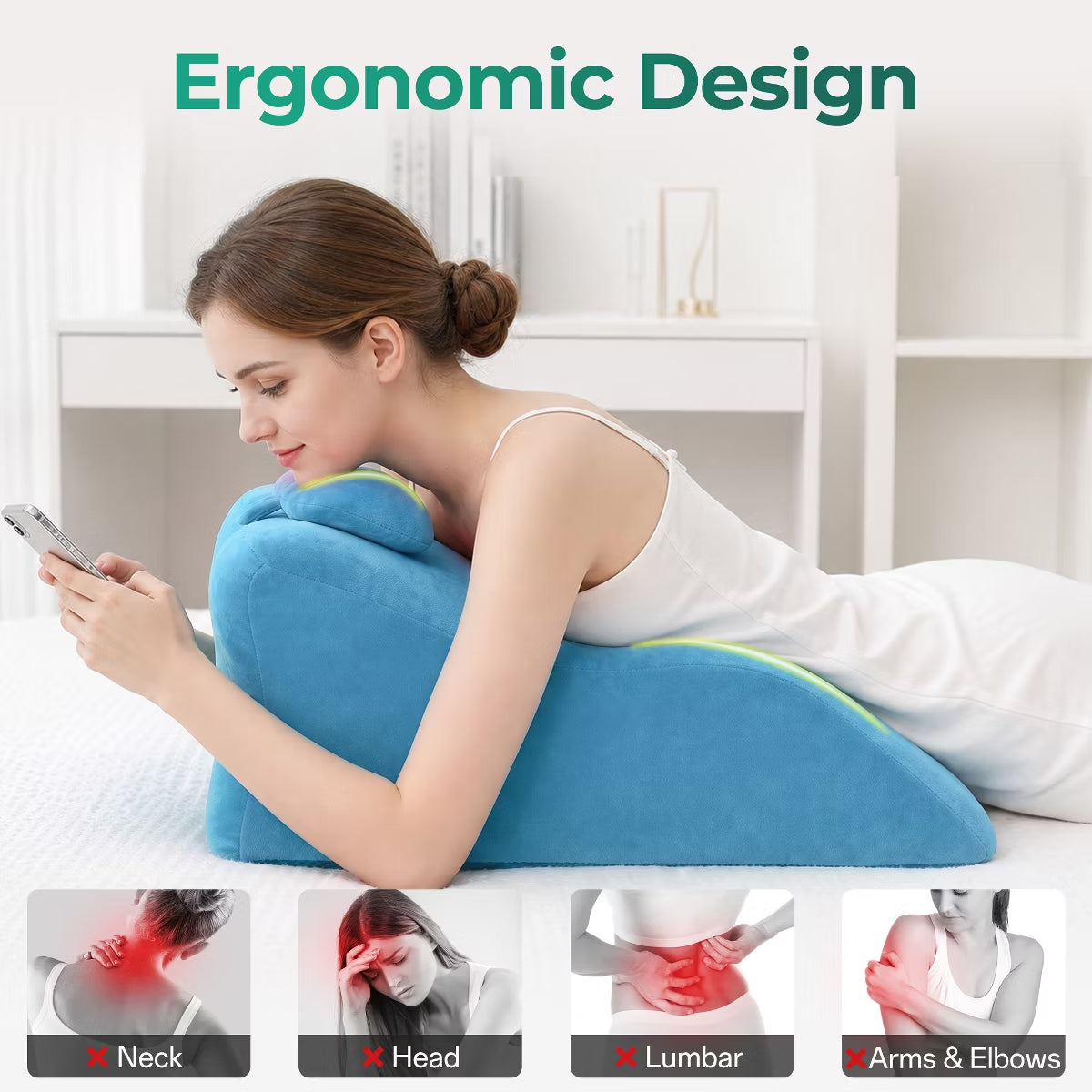 Ergonomic Bedrest Pillow with Memory Foam for Spinal Support