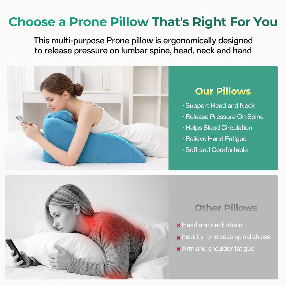 Ergonomic Bedrest Pillow with Memory Foam for Spinal Support