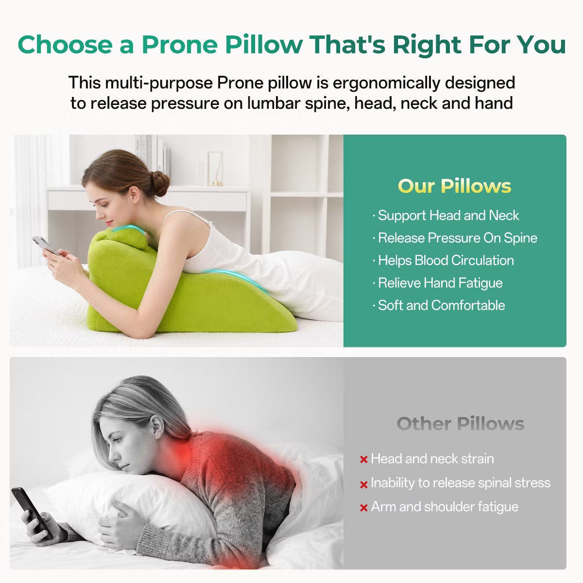 Ergonomic Bedrest Pillow with Memory Foam for Spinal Support