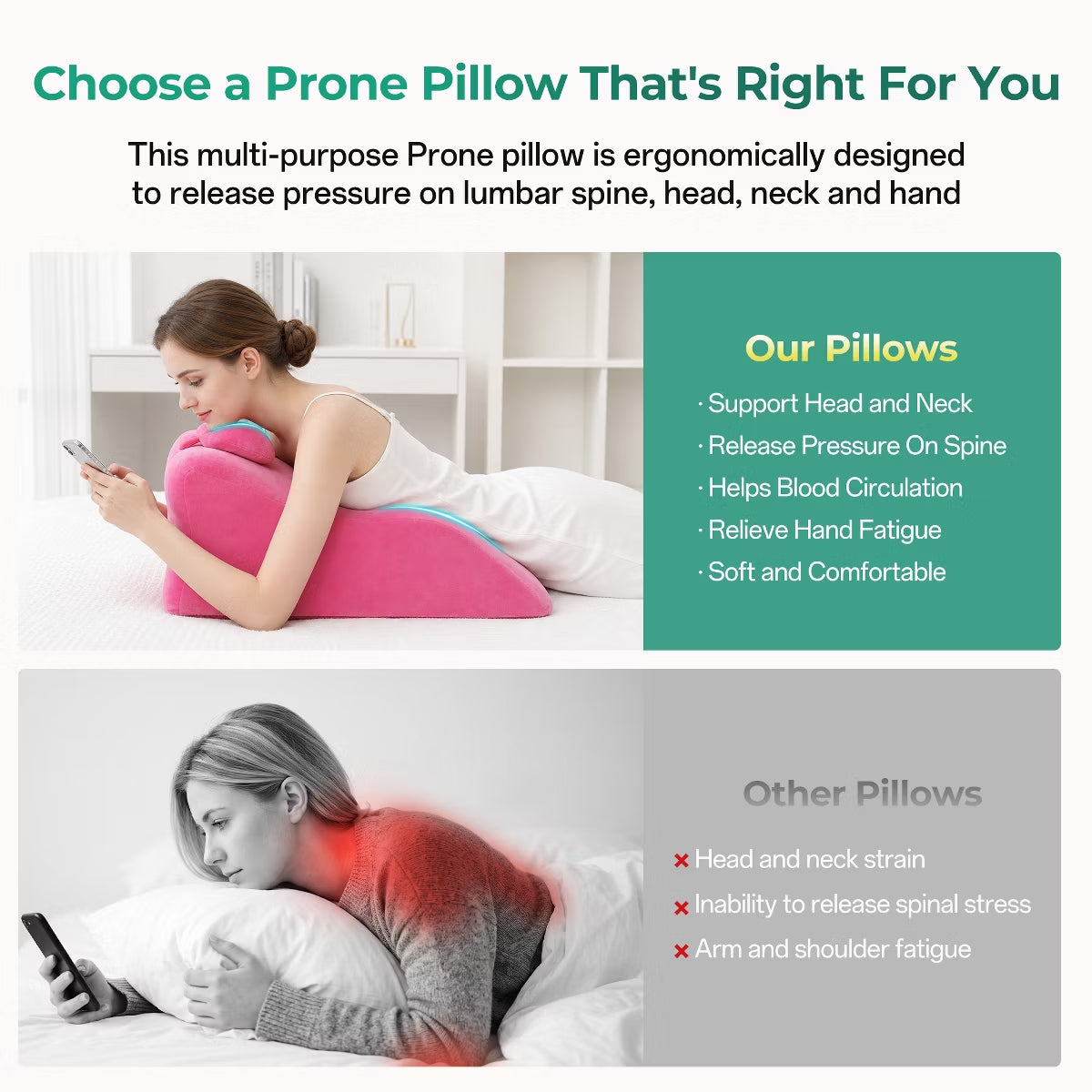 Ergonomic Bedrest Pillow with Memory Foam for Spinal Support