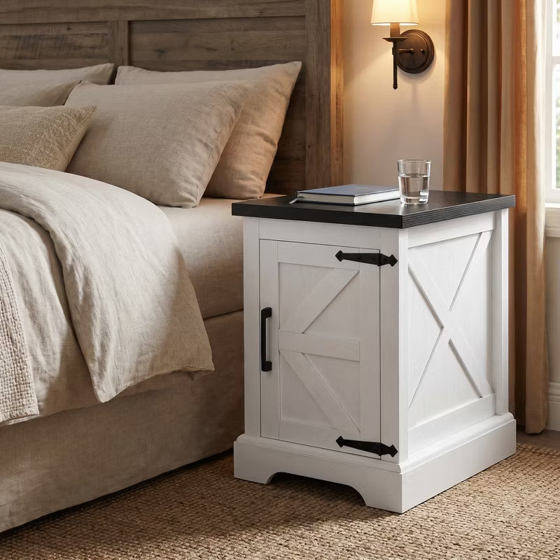 Modern Farmhouse Nightstand with Barn Door & Adjustable Shelf