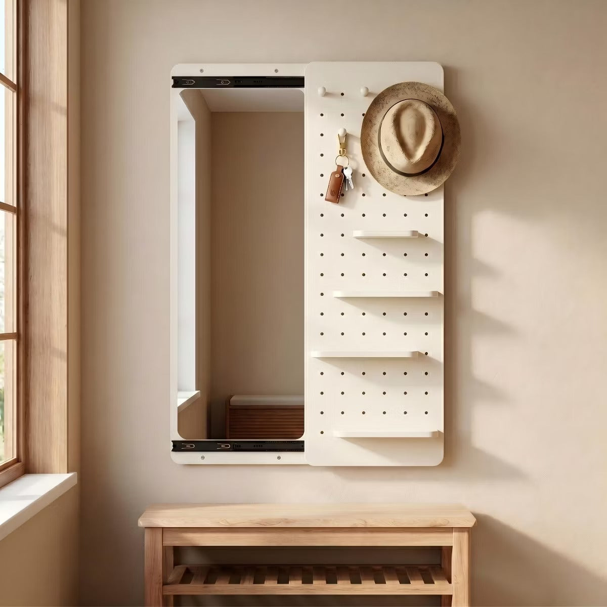 Wall-Mounted Full Length Mirror with Hidden Pegboard Storage