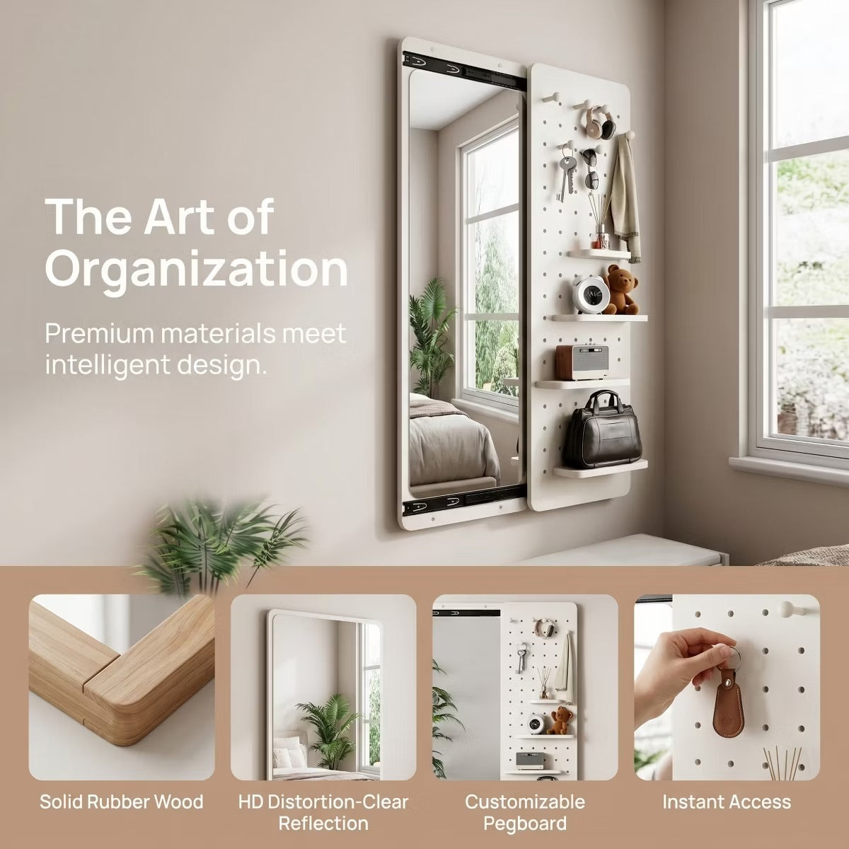 Wall-Mounted Full Length Mirror with Hidden Pegboard Storage
