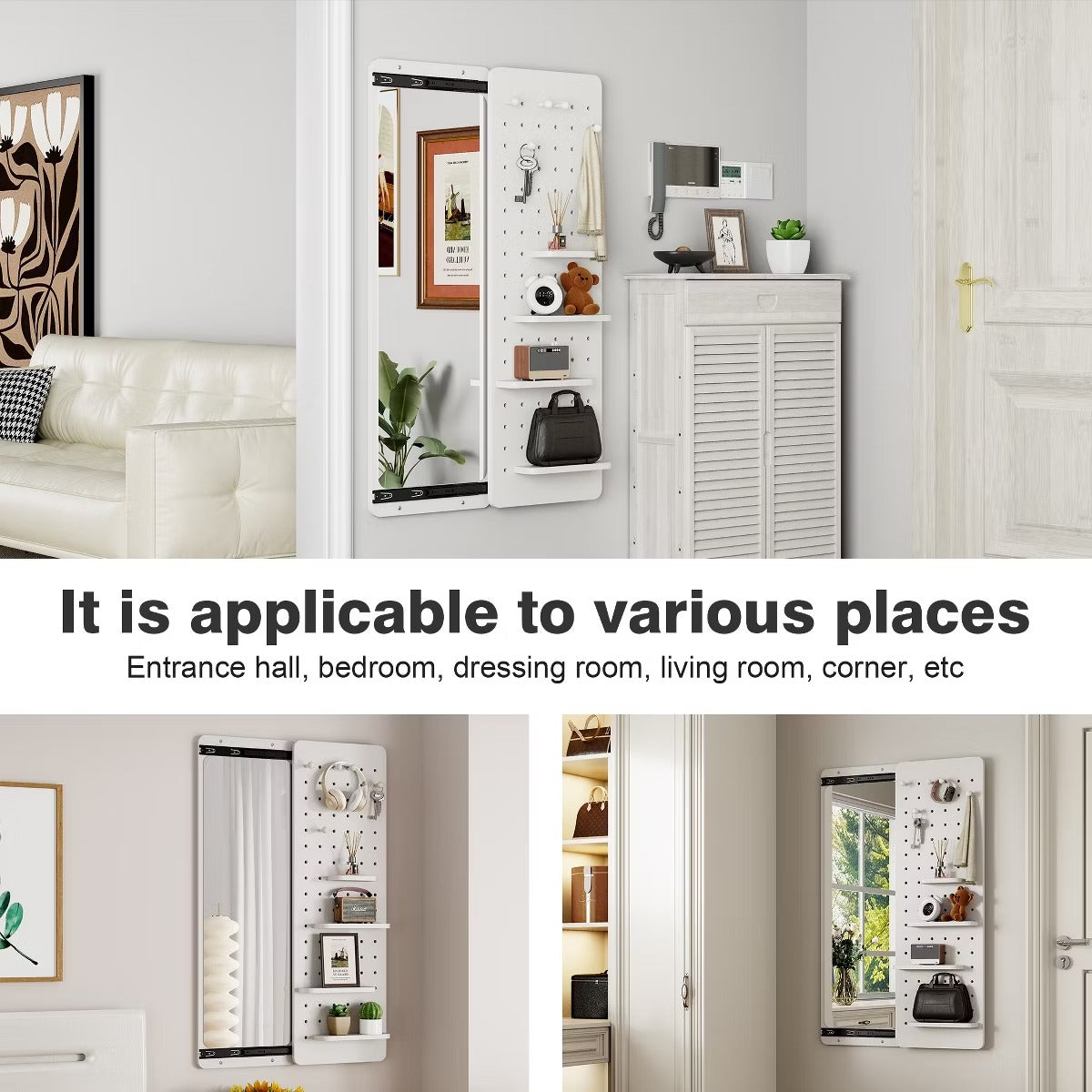 Wall-Mounted Full Length Mirror with Hidden Pegboard Storage