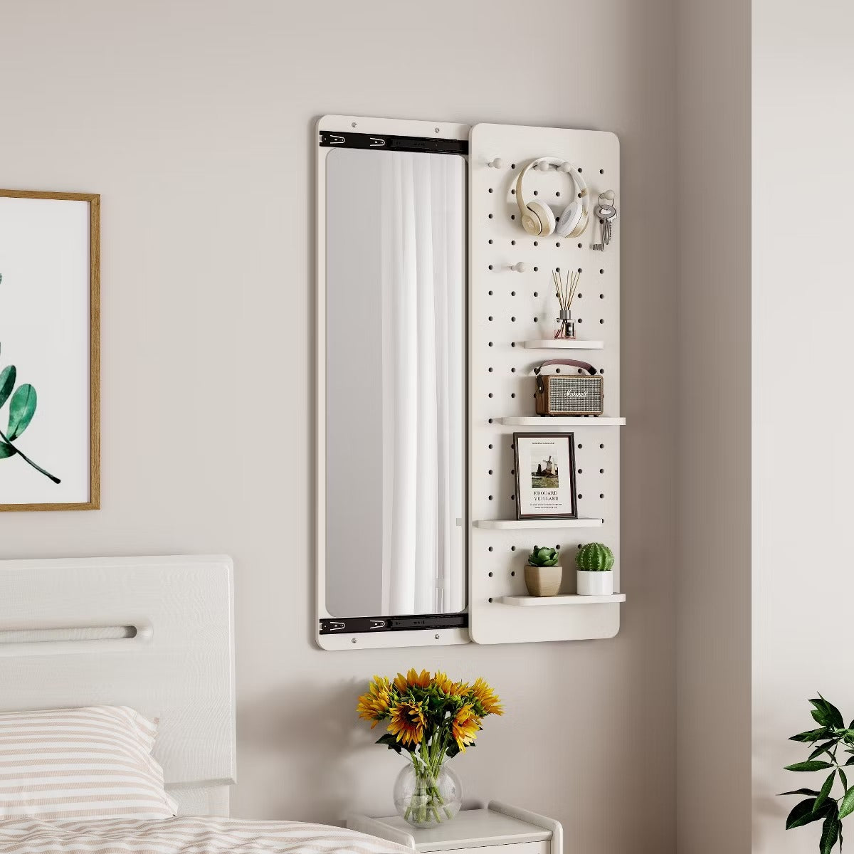 Wall-Mounted Full Length Mirror with Hidden Pegboard Storage