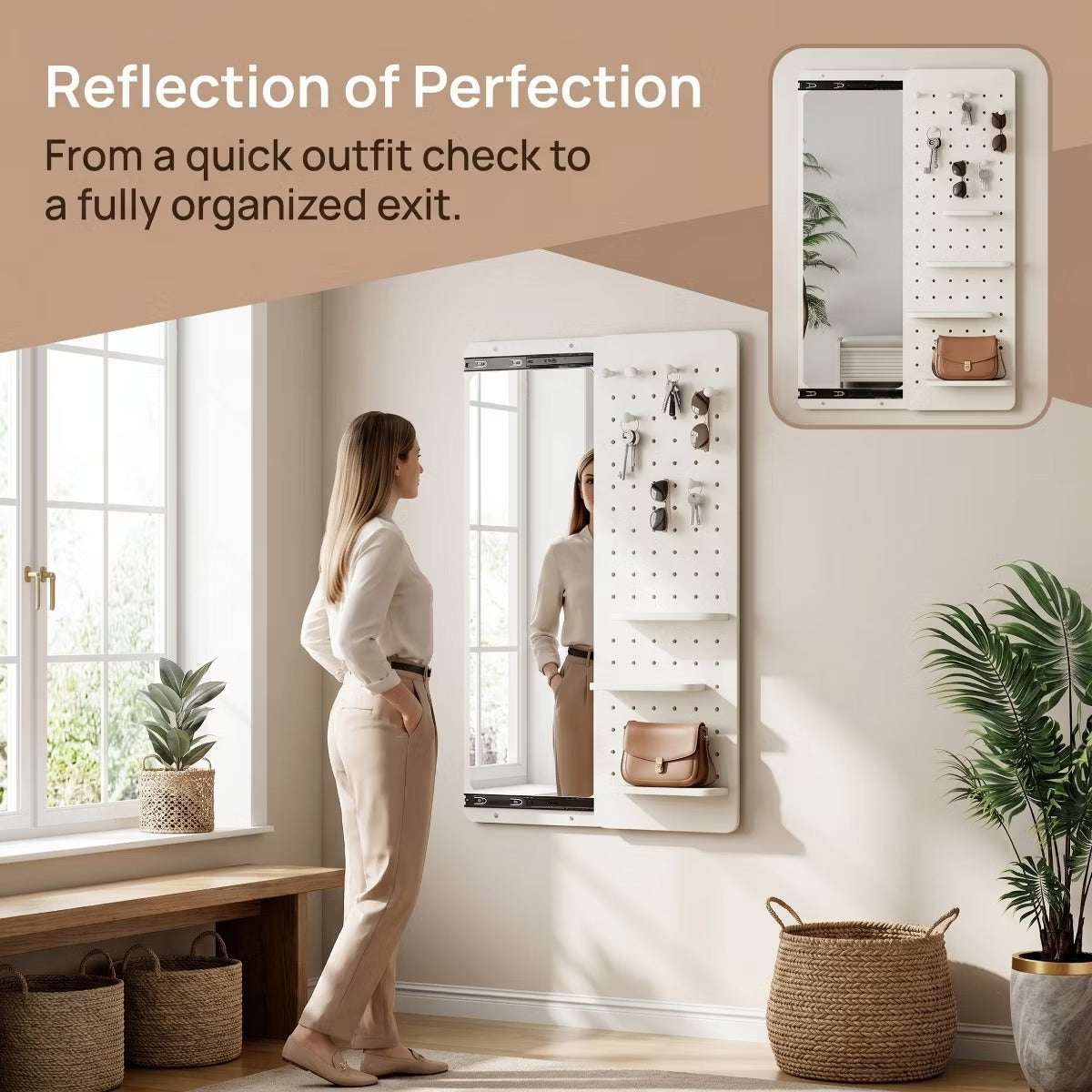 Wall-Mounted Full Length Mirror with Hidden Pegboard Storage