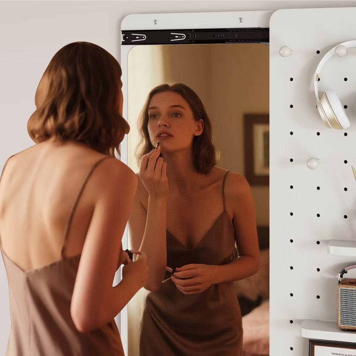 Wall-Mounted Full Length Mirror with Hidden Pegboard Storage