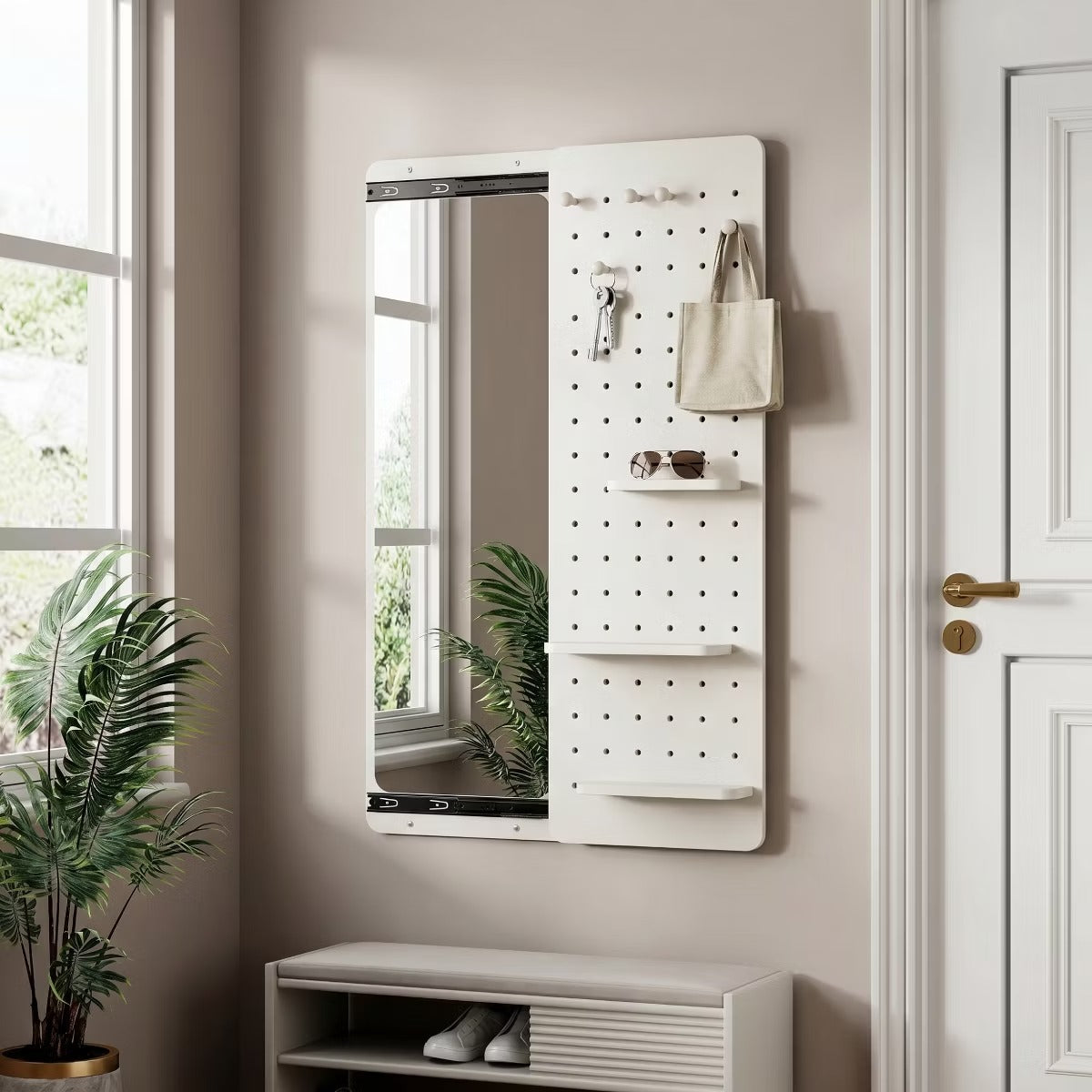 Wall-Mounted Full Length Mirror with Hidden Pegboard Storage