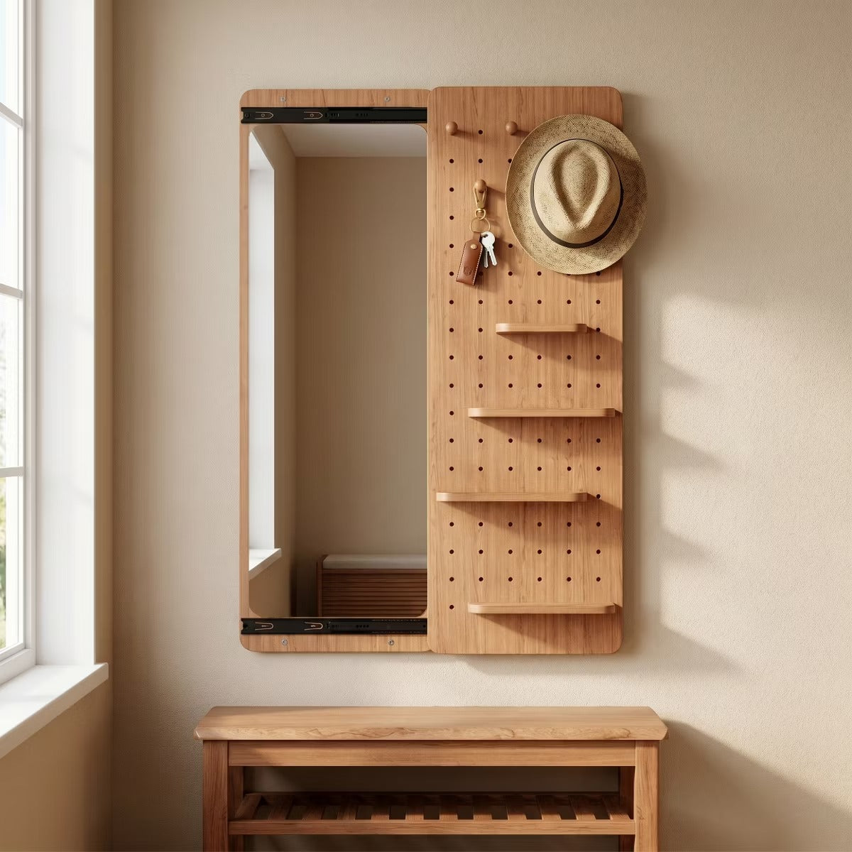 Wall-Mounted Full Length Mirror with Hidden Pegboard Storage