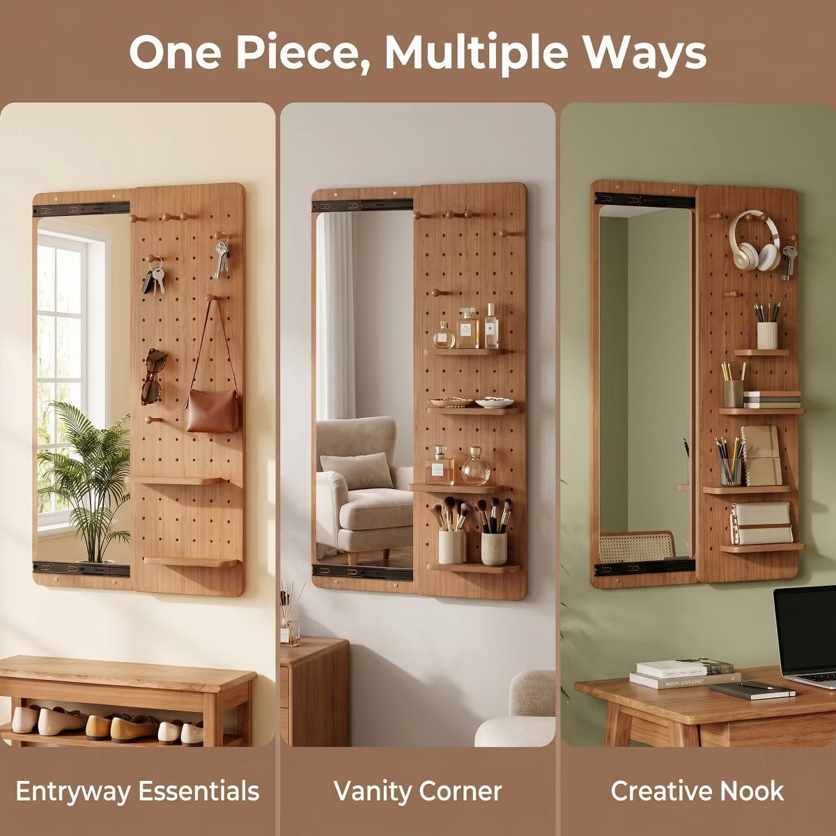 Wall-Mounted Full Length Mirror with Hidden Pegboard Storage