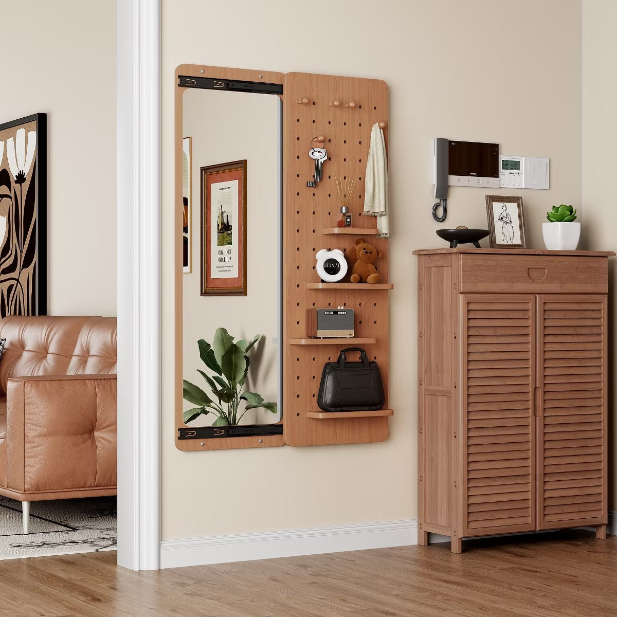 Wall-Mounted Full Length Mirror with Hidden Pegboard Storage