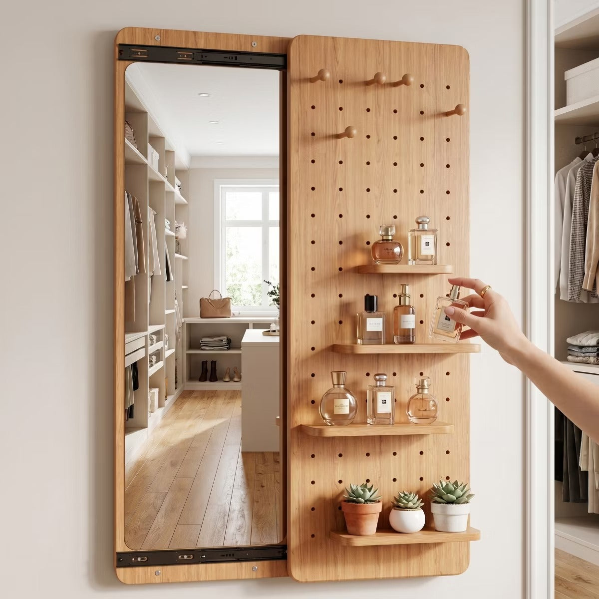 Wall-Mounted Full Length Mirror with Hidden Pegboard Storage
