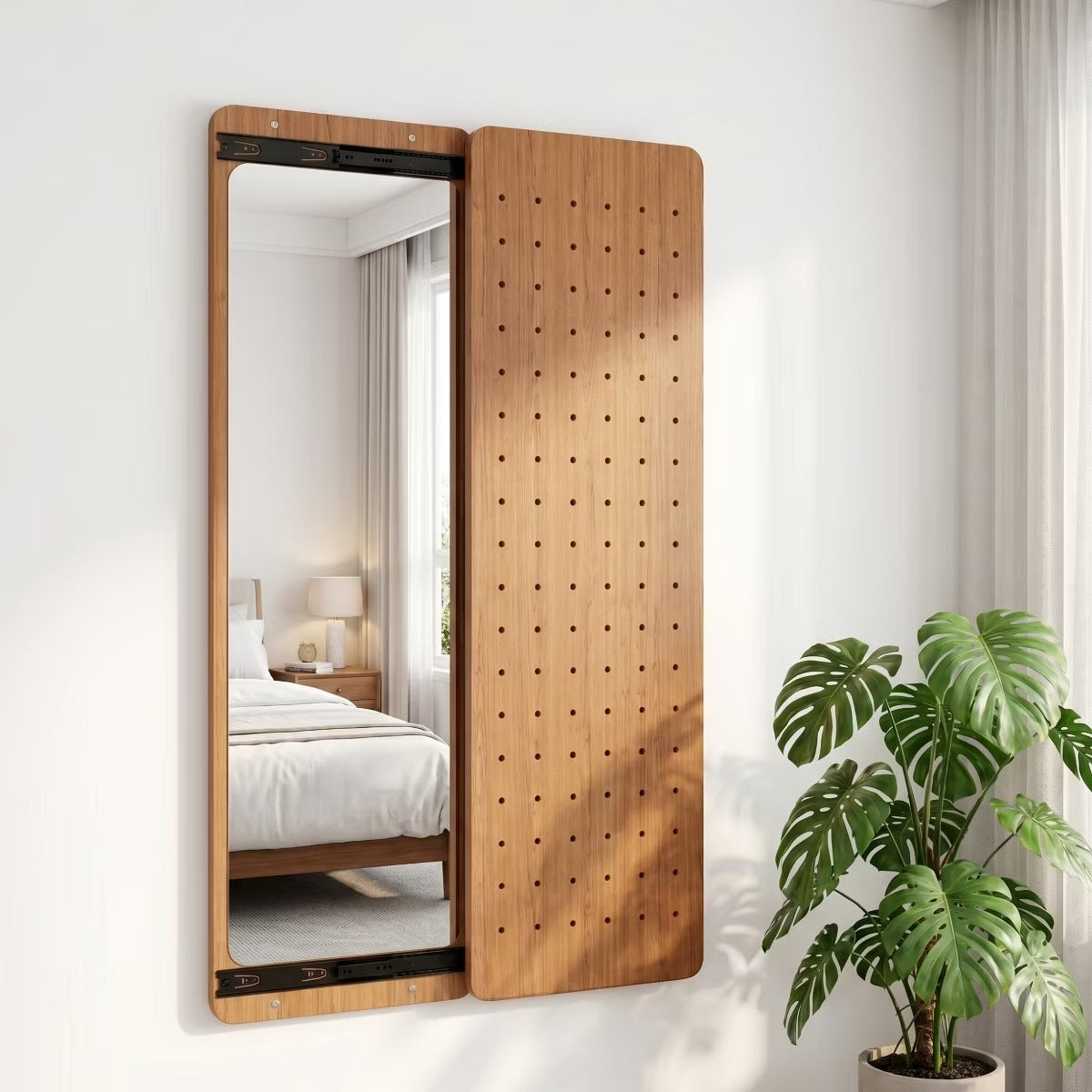 Wall-Mounted Full Length Mirror with Hidden Pegboard Storage