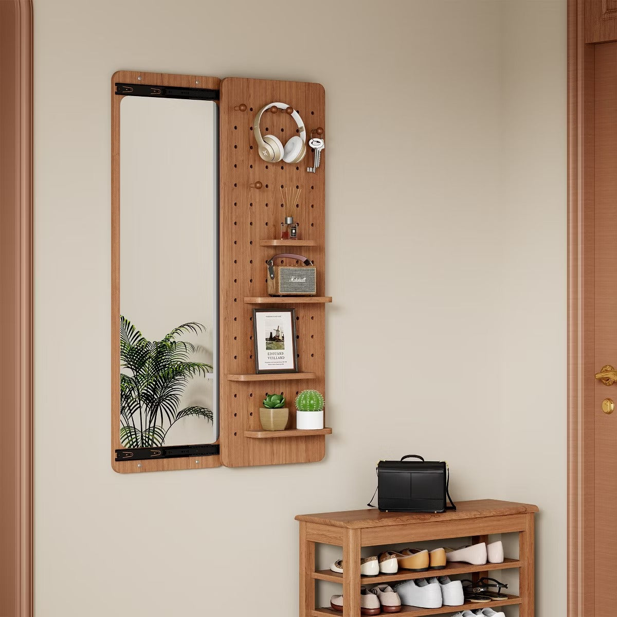 Wall-Mounted Full Length Mirror with Hidden Pegboard Storage