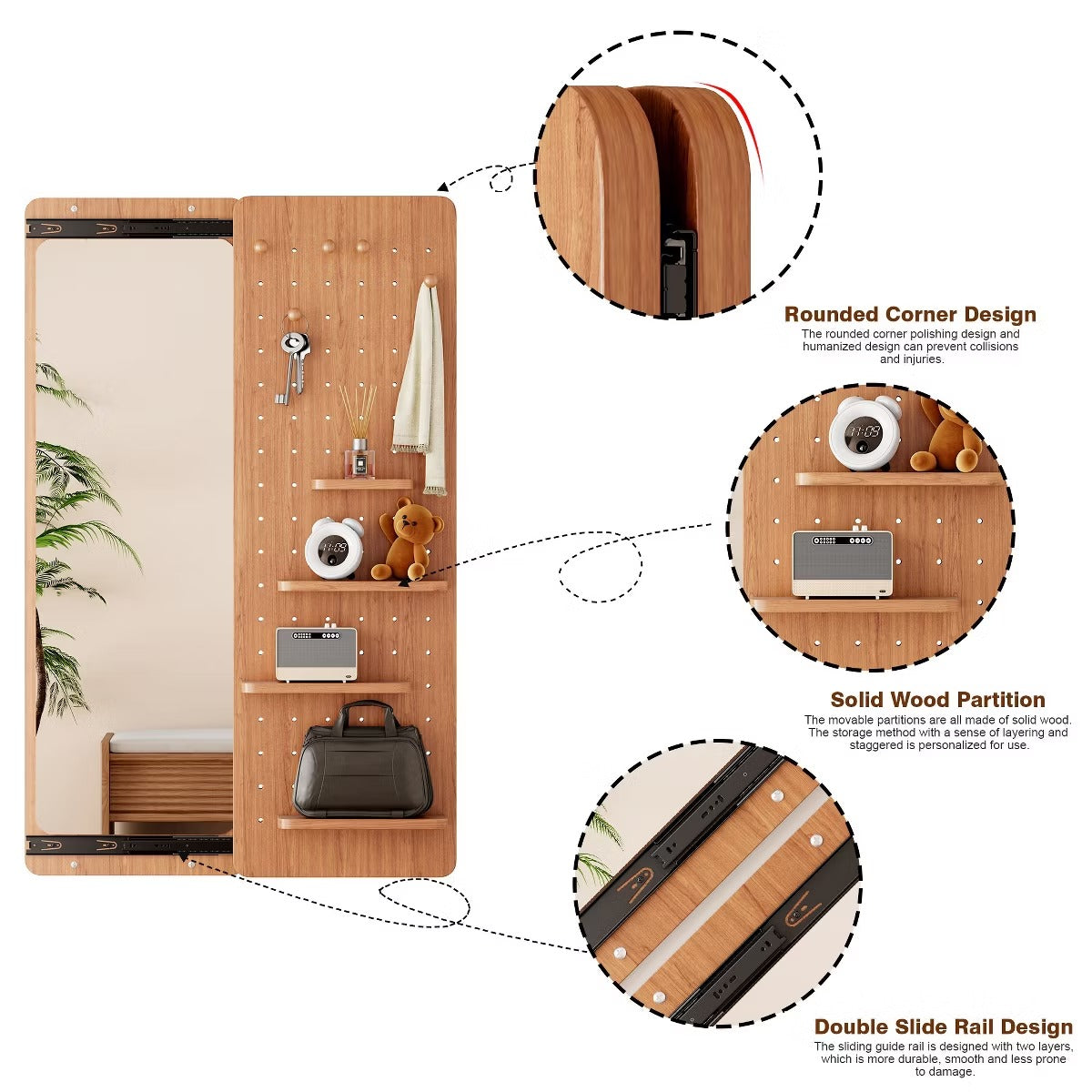 Wall-Mounted Full Length Mirror with Hidden Pegboard Storage