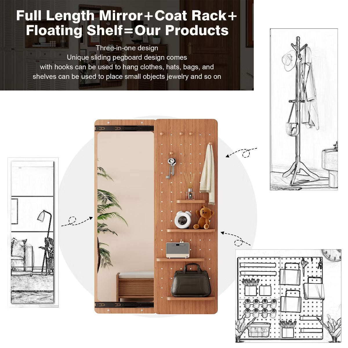 Wall-Mounted Full Length Mirror with Hidden Pegboard Storage