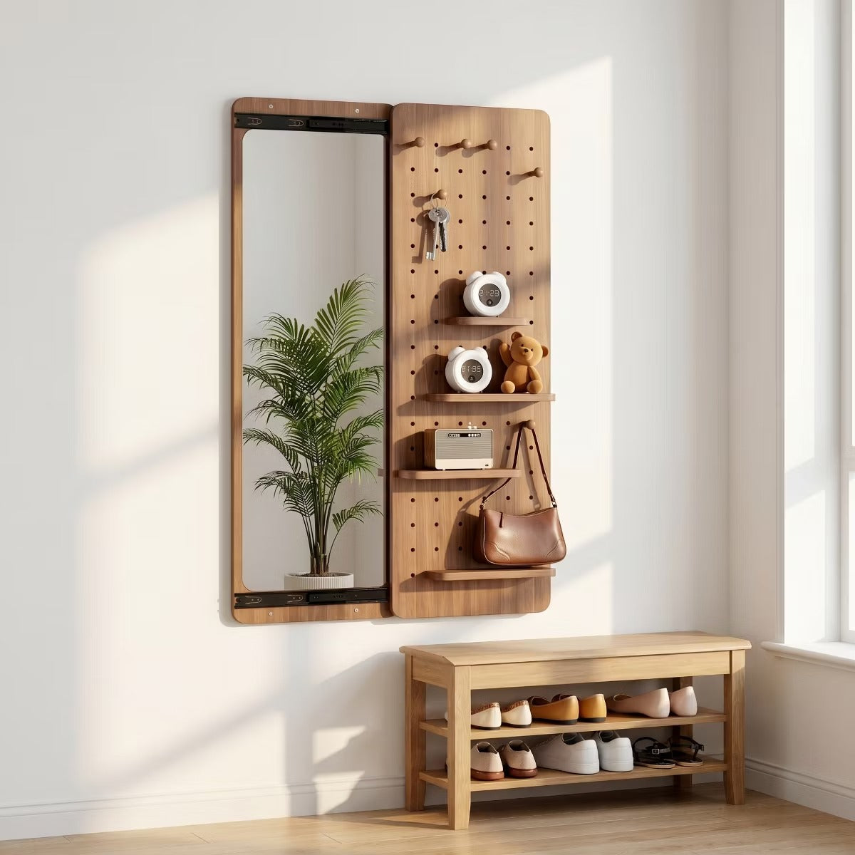 Wall-Mounted Full Length Mirror with Hidden Pegboard Storage