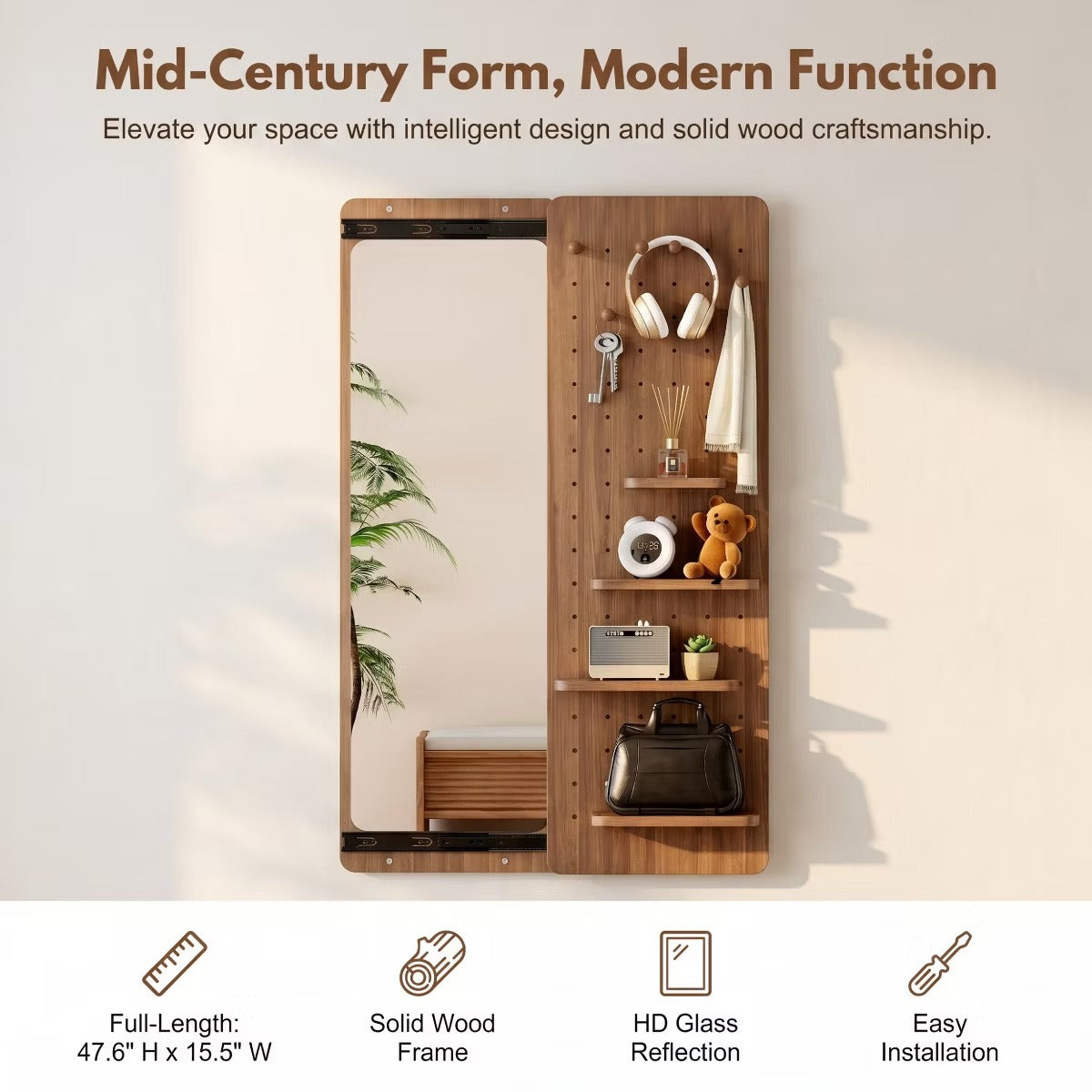 Wall-Mounted Full Length Mirror with Hidden Pegboard Storage