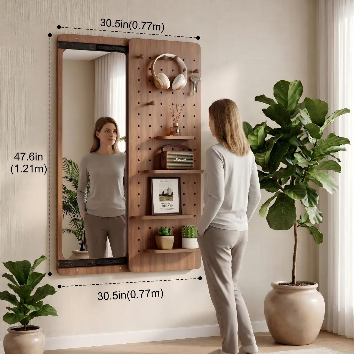 Wall-Mounted Full Length Mirror with Hidden Pegboard Storage