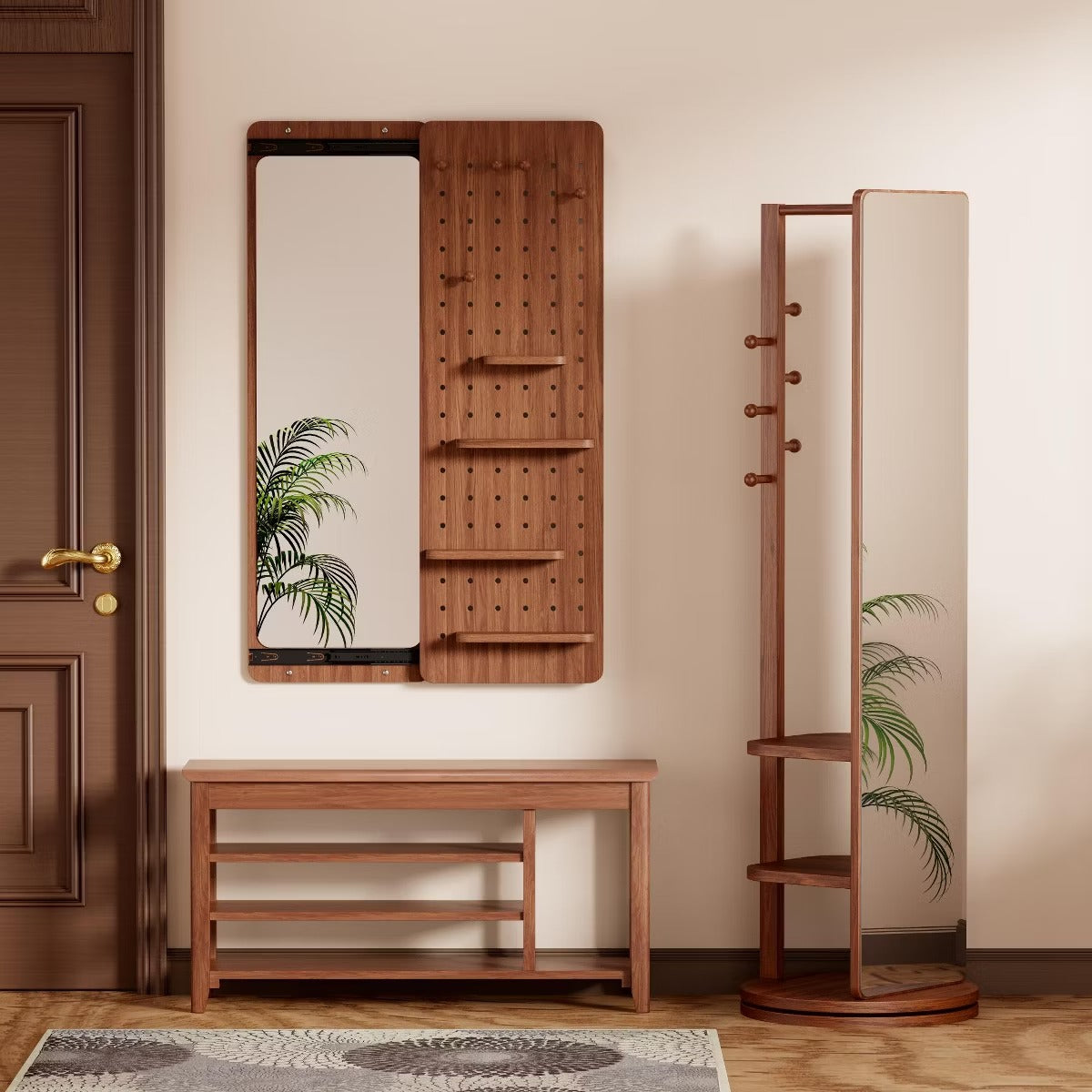 Wall-Mounted Full Length Mirror with Hidden Pegboard Storage