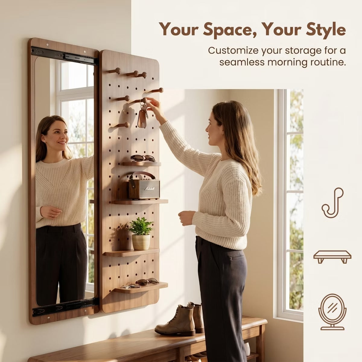 Wall-Mounted Full Length Mirror with Hidden Pegboard Storage