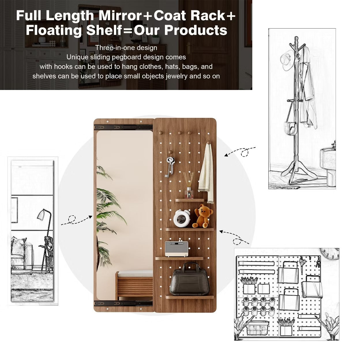 Wall-Mounted Full Length Mirror with Hidden Pegboard Storage