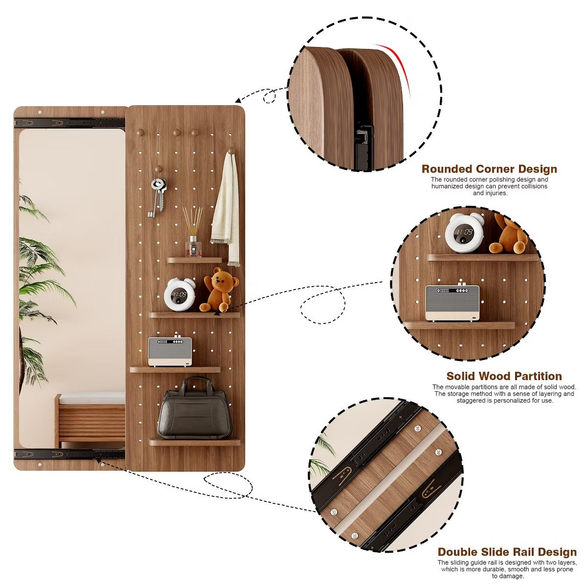 Wall-Mounted Full Length Mirror with Hidden Pegboard Storage