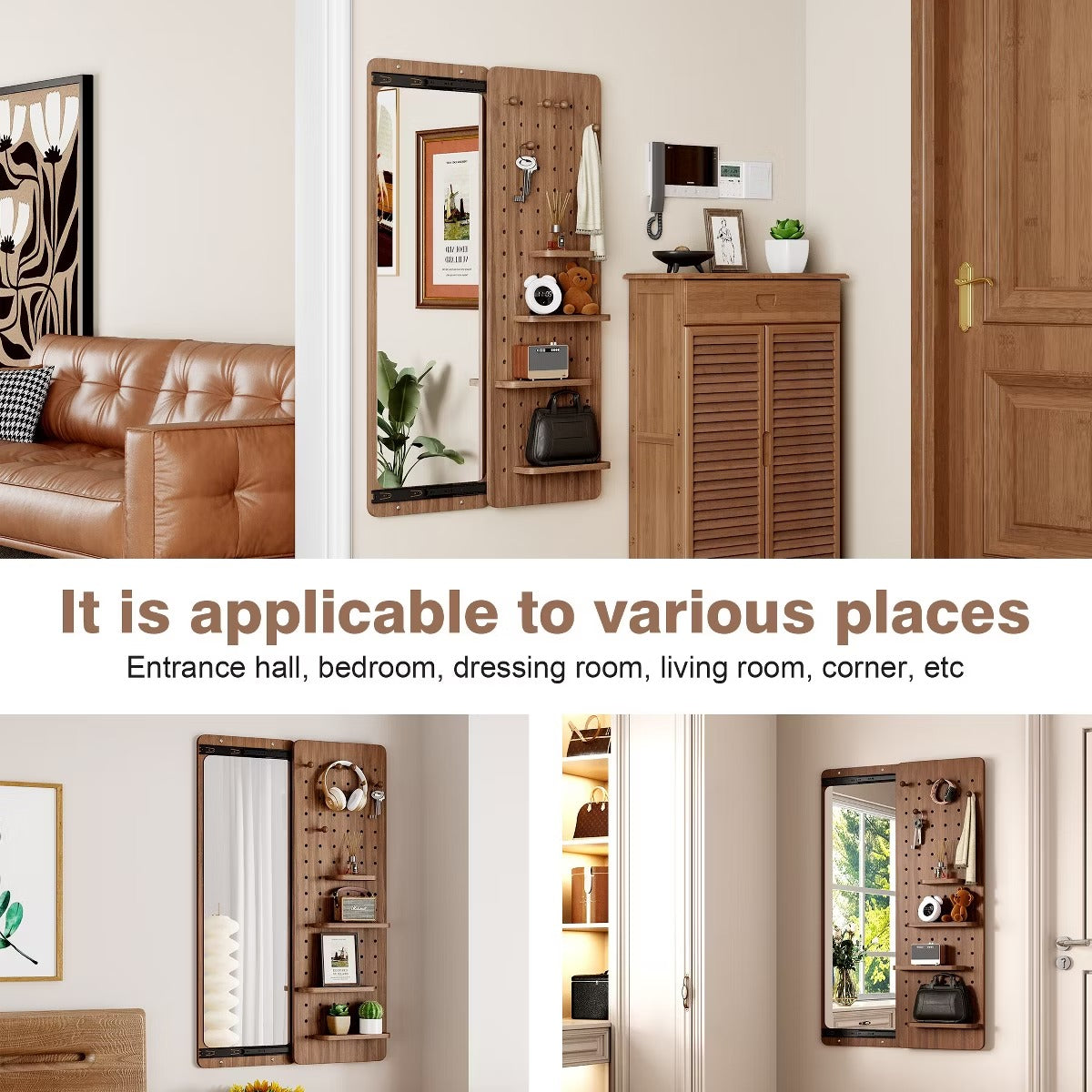 Wall-Mounted Full Length Mirror with Hidden Pegboard Storage