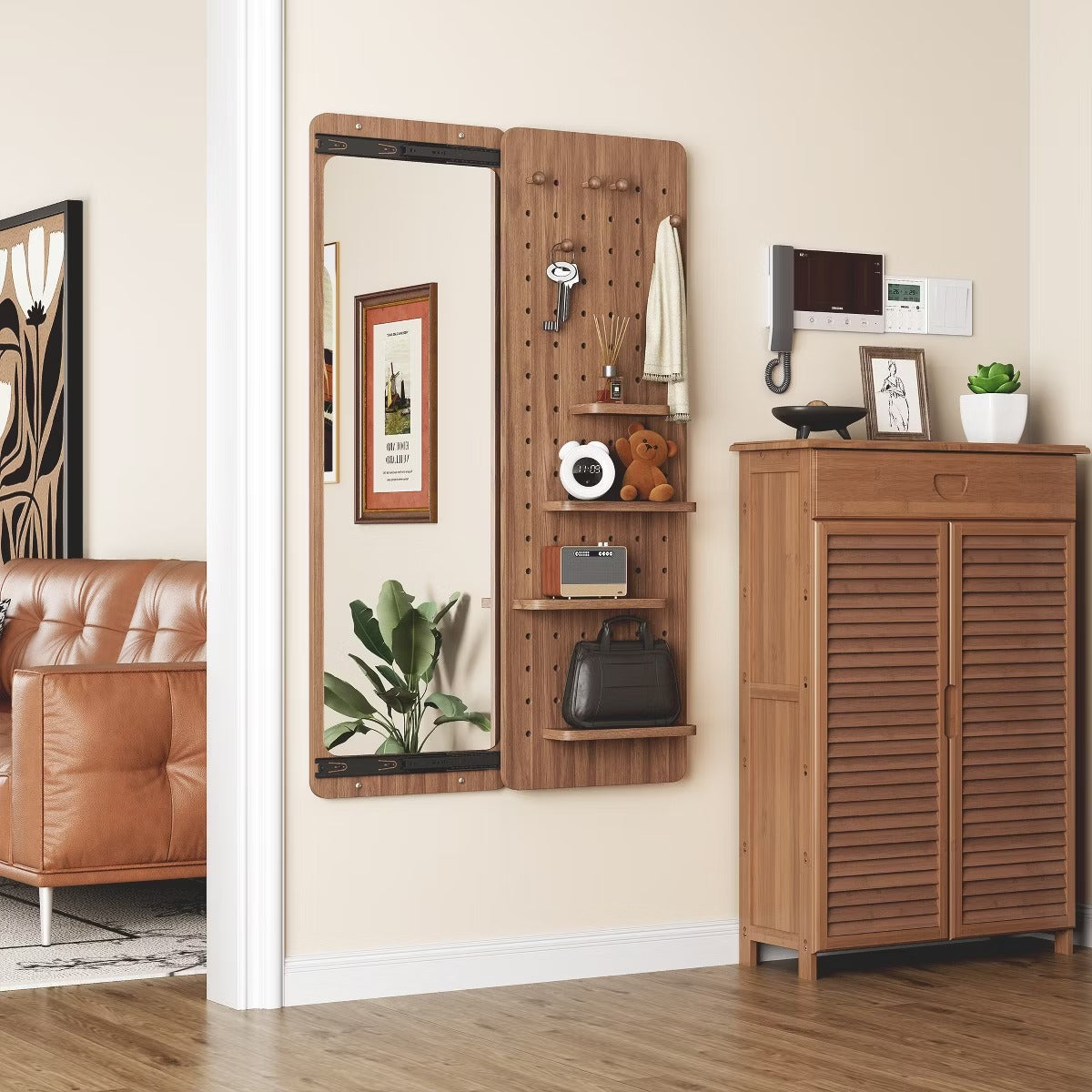 Wall-Mounted Full Length Mirror with Hidden Pegboard Storage