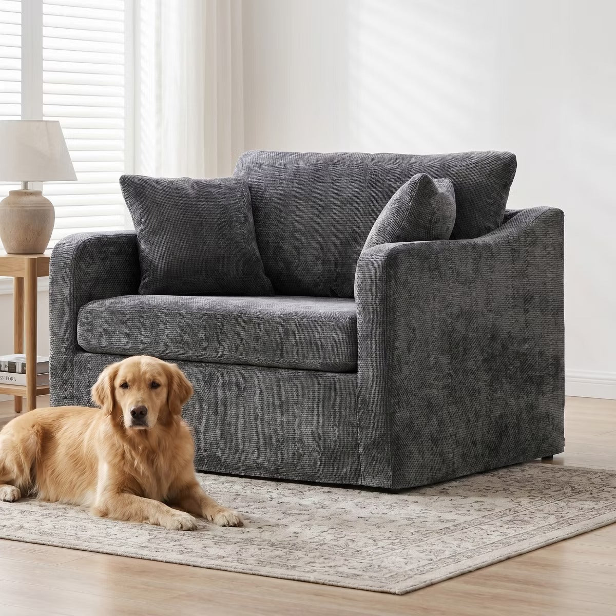 Oversized Chenille Armchair with Washable Slipcover, 500-Lb Base