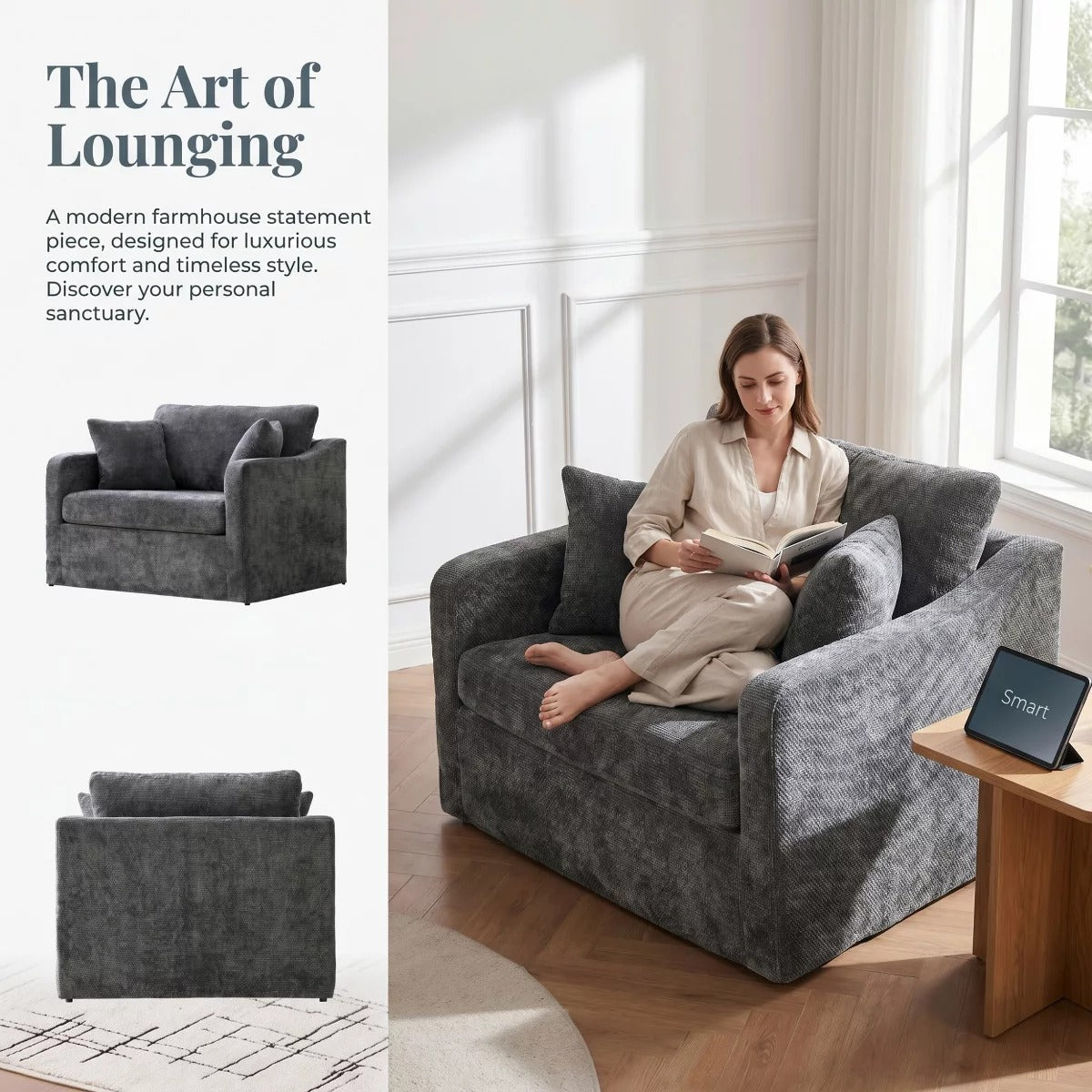 Oversized Chenille Armchair with Washable Slipcover, 500-Lb Base