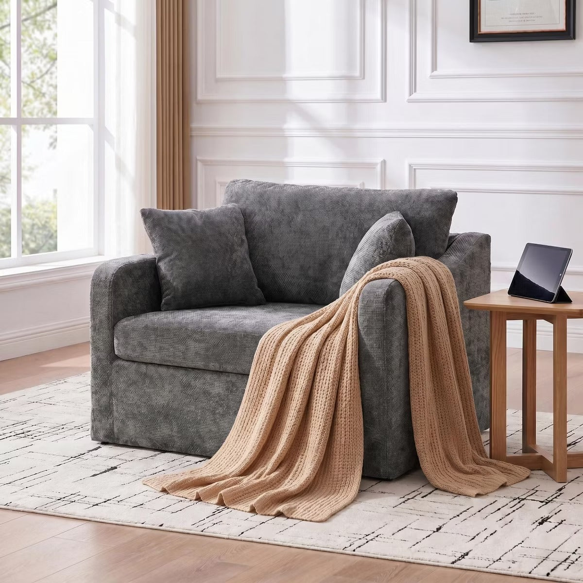 Oversized Chenille Armchair with Washable Slipcover, 500-Lb Base