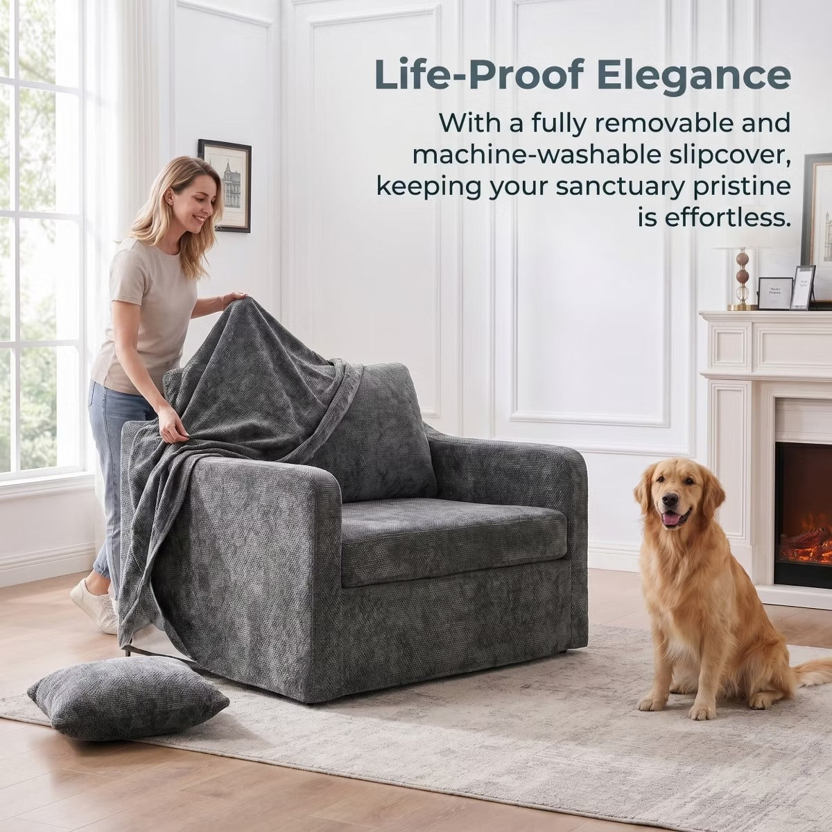 Oversized Chenille Armchair with Washable Slipcover, 500-Lb Base