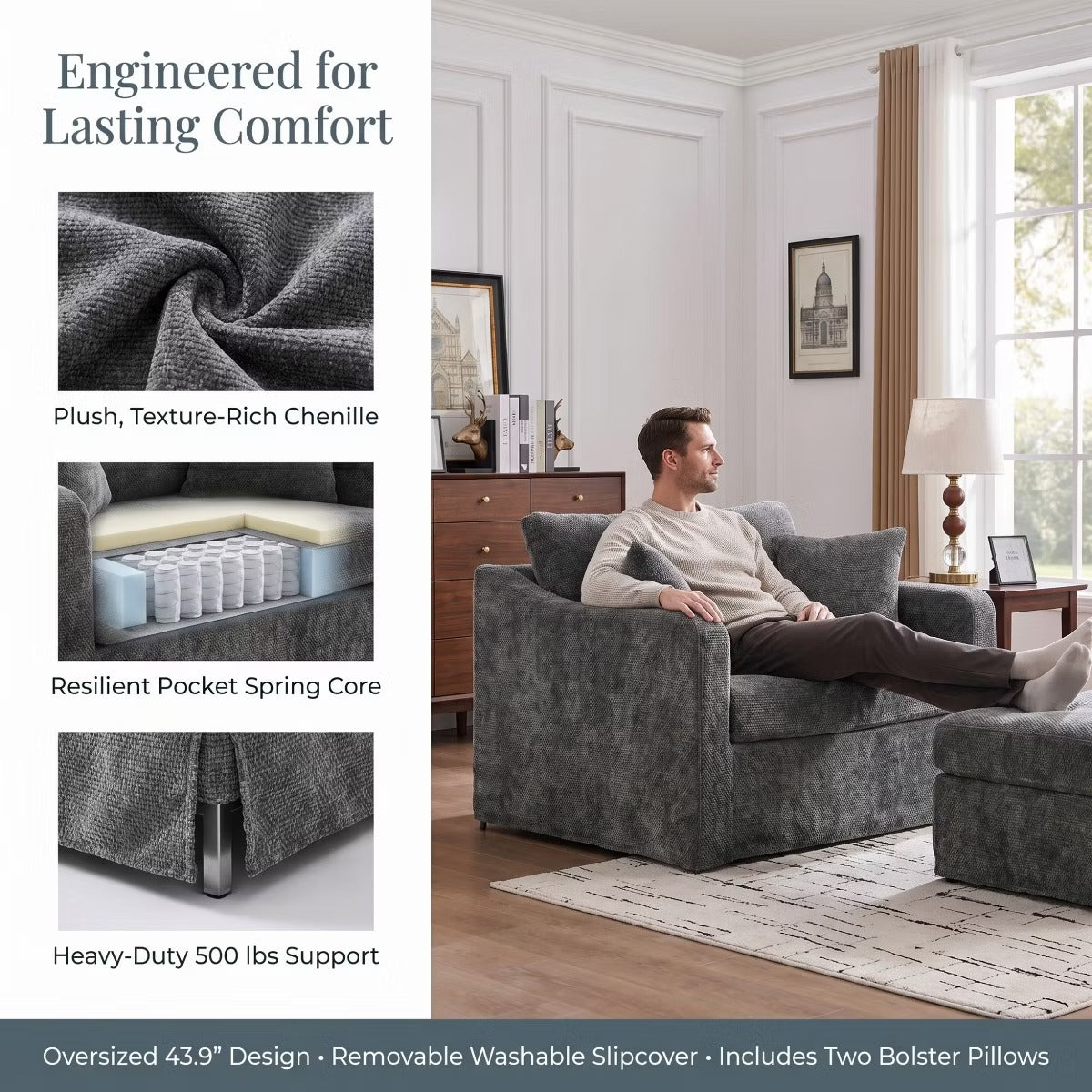 Oversized Chenille Armchair with Washable Slipcover, 500-Lb Base
