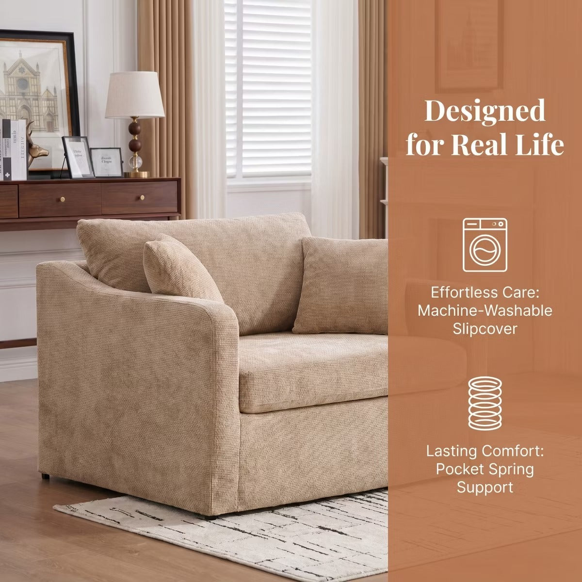 Oversized Chenille Armchair with Washable Slipcover, 500-Lb Base