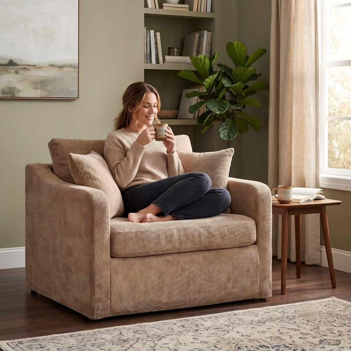 Oversized Chenille Armchair with Washable Slipcover, 500-Lb Base