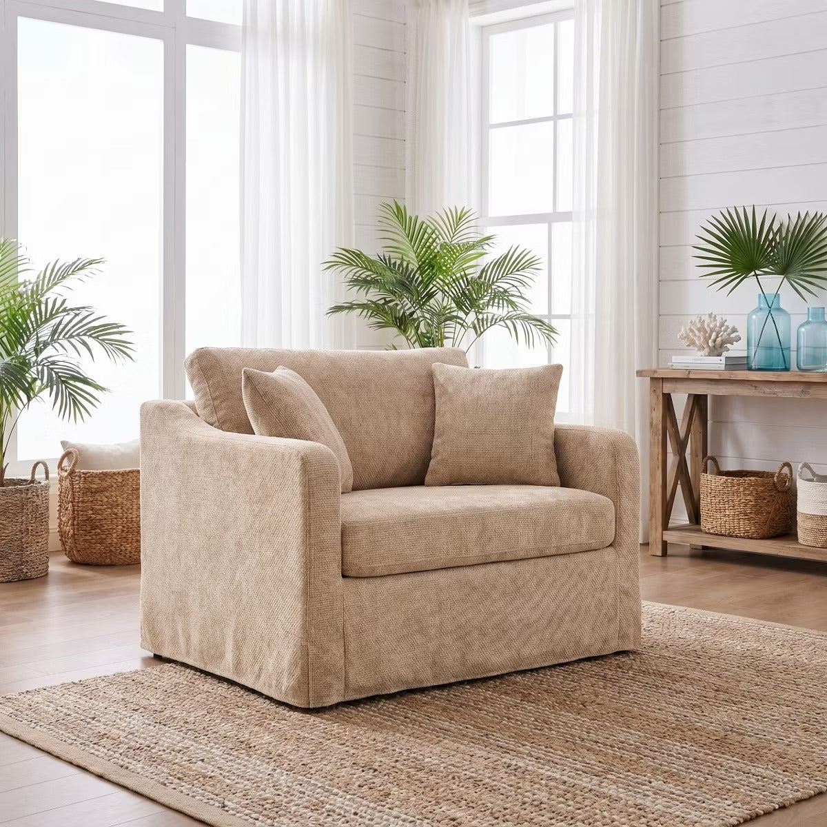 Oversized Chenille Armchair with Washable Slipcover, 500-Lb Base