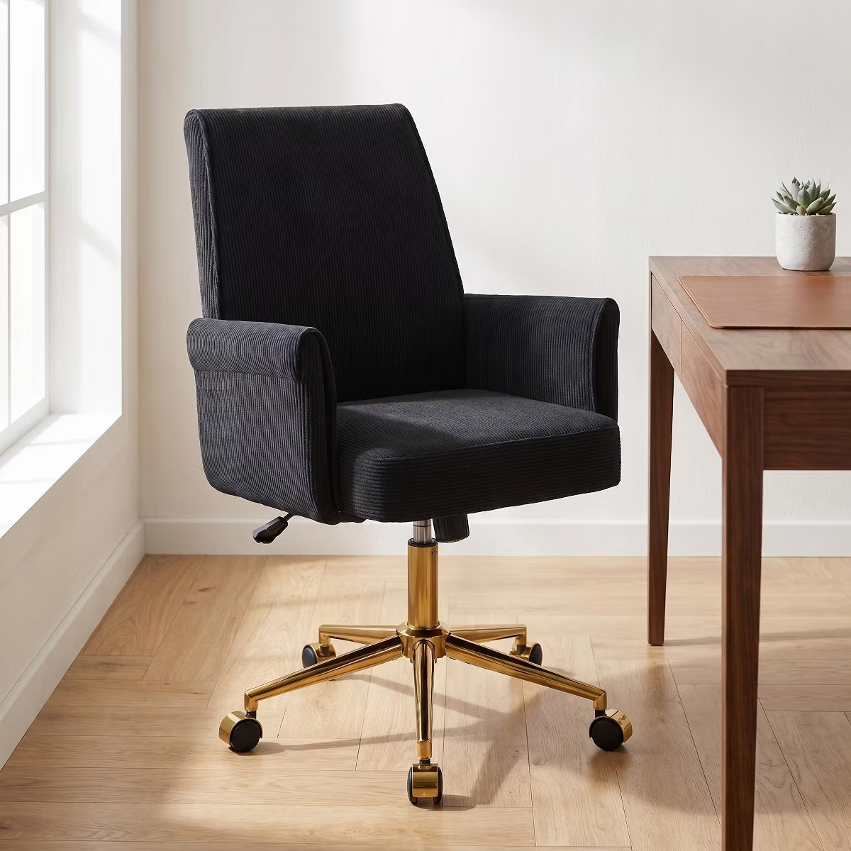 Ergonomic Fabric Office Chair with Lumbar Support, Gold Base & Adjustable Height