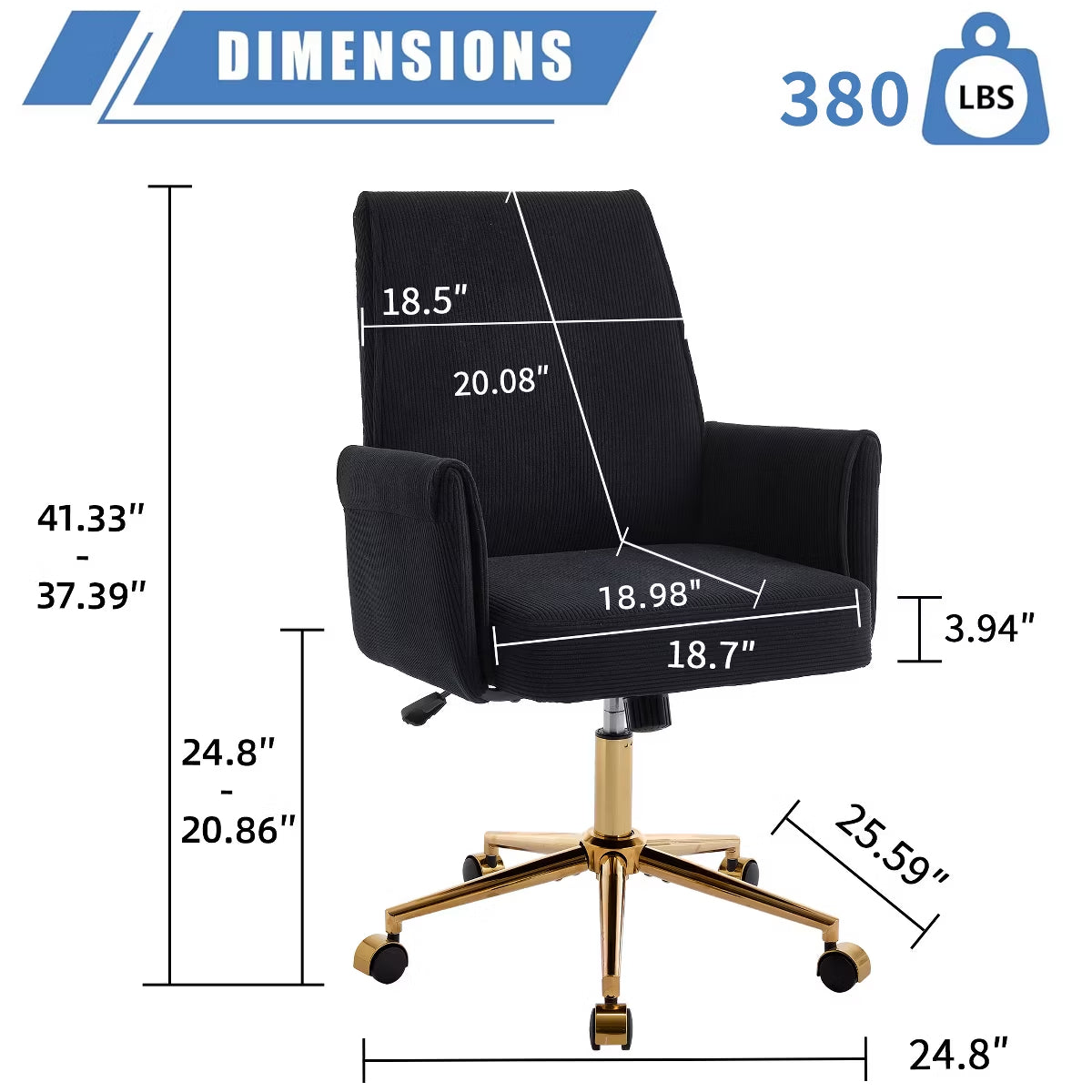 Ergonomic Fabric Office Chair with Lumbar Support, Gold Base & Adjustable Height