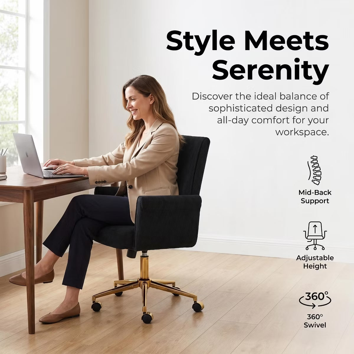 Ergonomic Fabric Office Chair with Lumbar Support, Gold Base & Adjustable Height