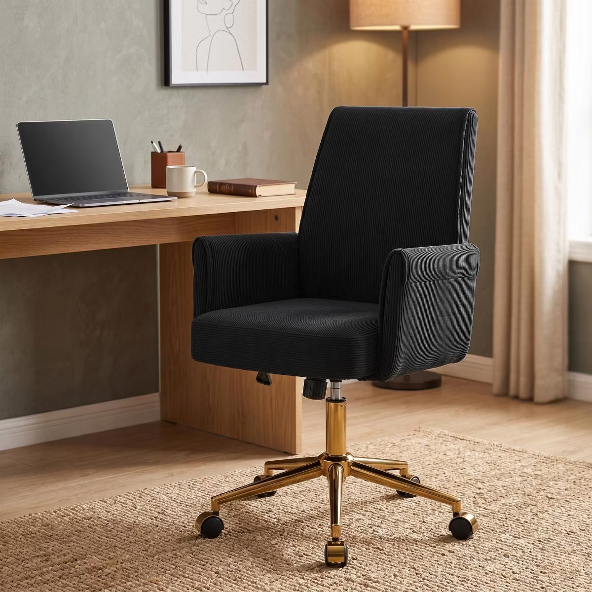 Ergonomic Fabric Office Chair with Lumbar Support, Gold Base & Adjustable Height