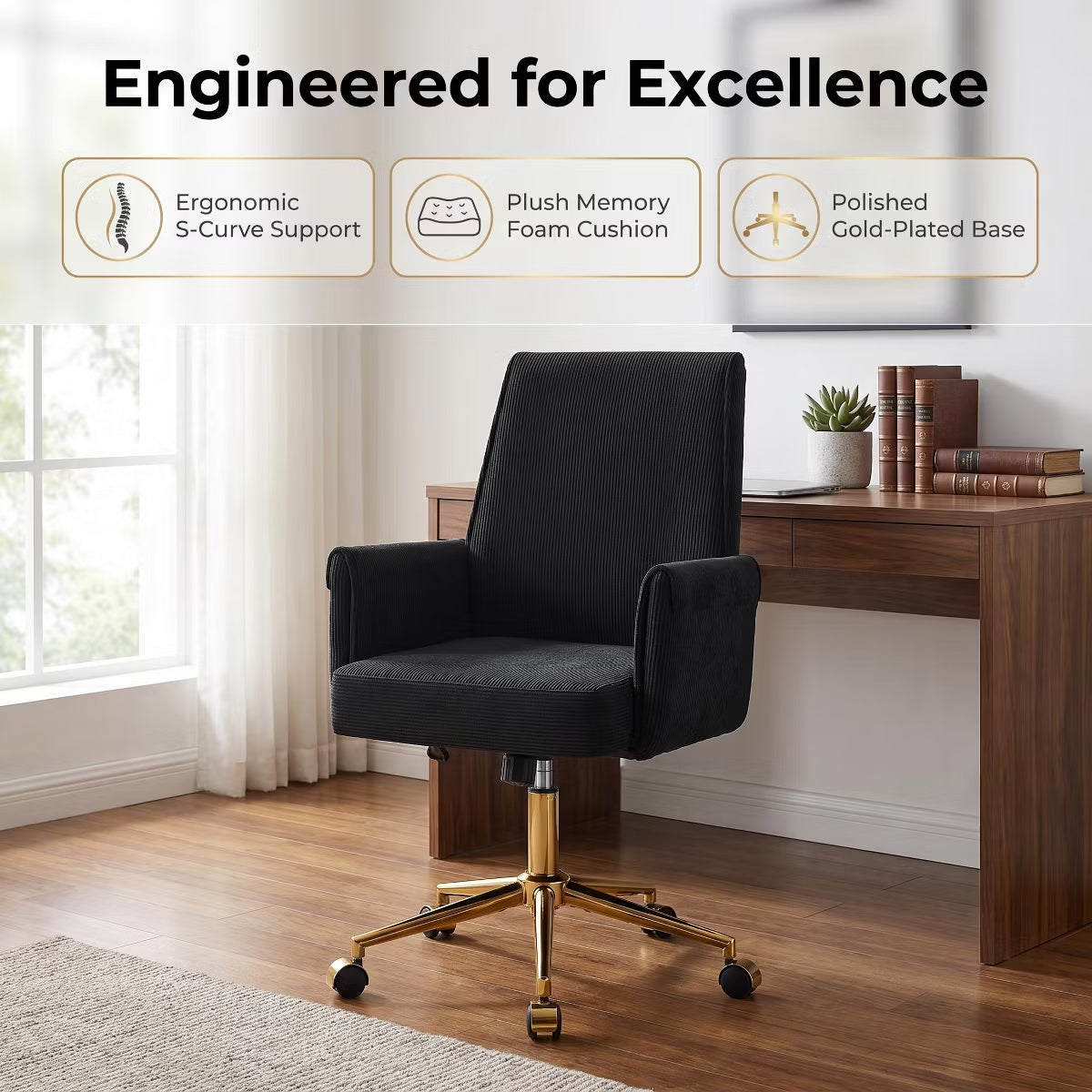Ergonomic Fabric Office Chair with Lumbar Support, Gold Base & Adjustable Height