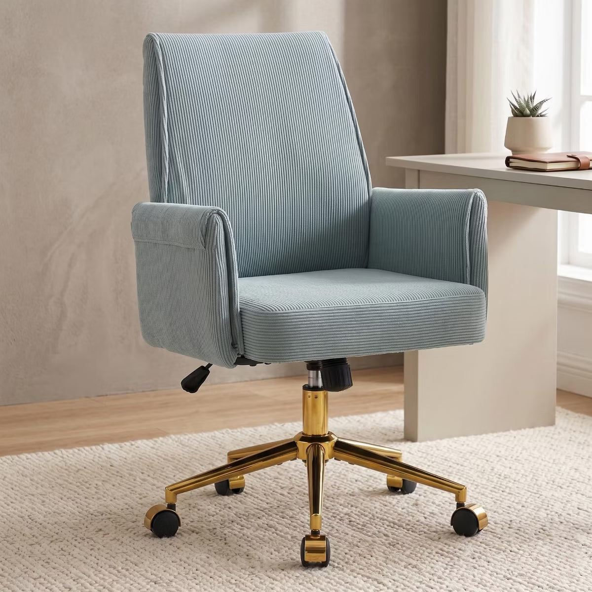 Ergonomic Fabric Office Chair with Lumbar Support, Gold Base & Adjustable Height